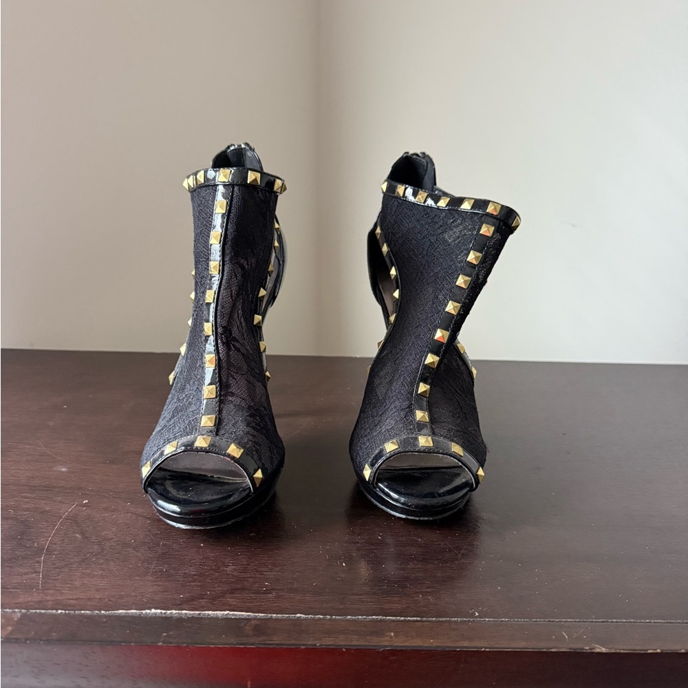 JustFab Black Peep-Toe Heels with Gold Studs